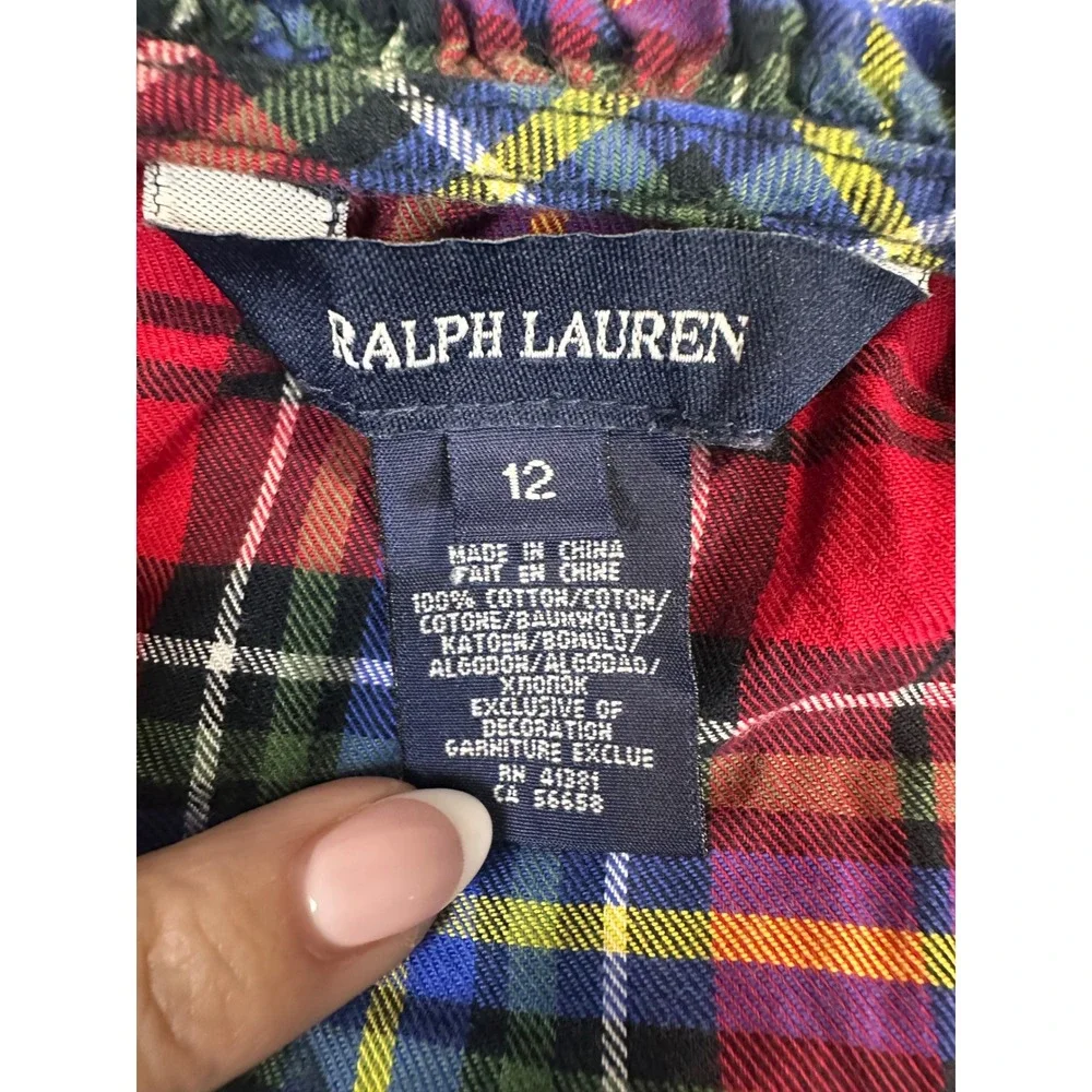 Ralph‎ Lauren Plaid Ruffle Blouse 12 Red Tartan Smocked Puff Sleeve Girls